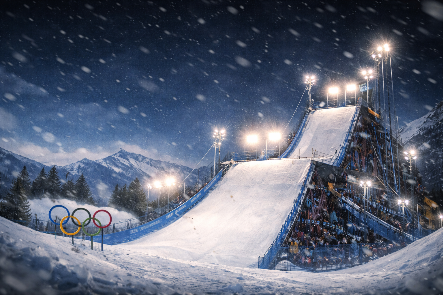 Livigno Snow Park Big Air ramp lit up at night during 2026 Winter Olympics