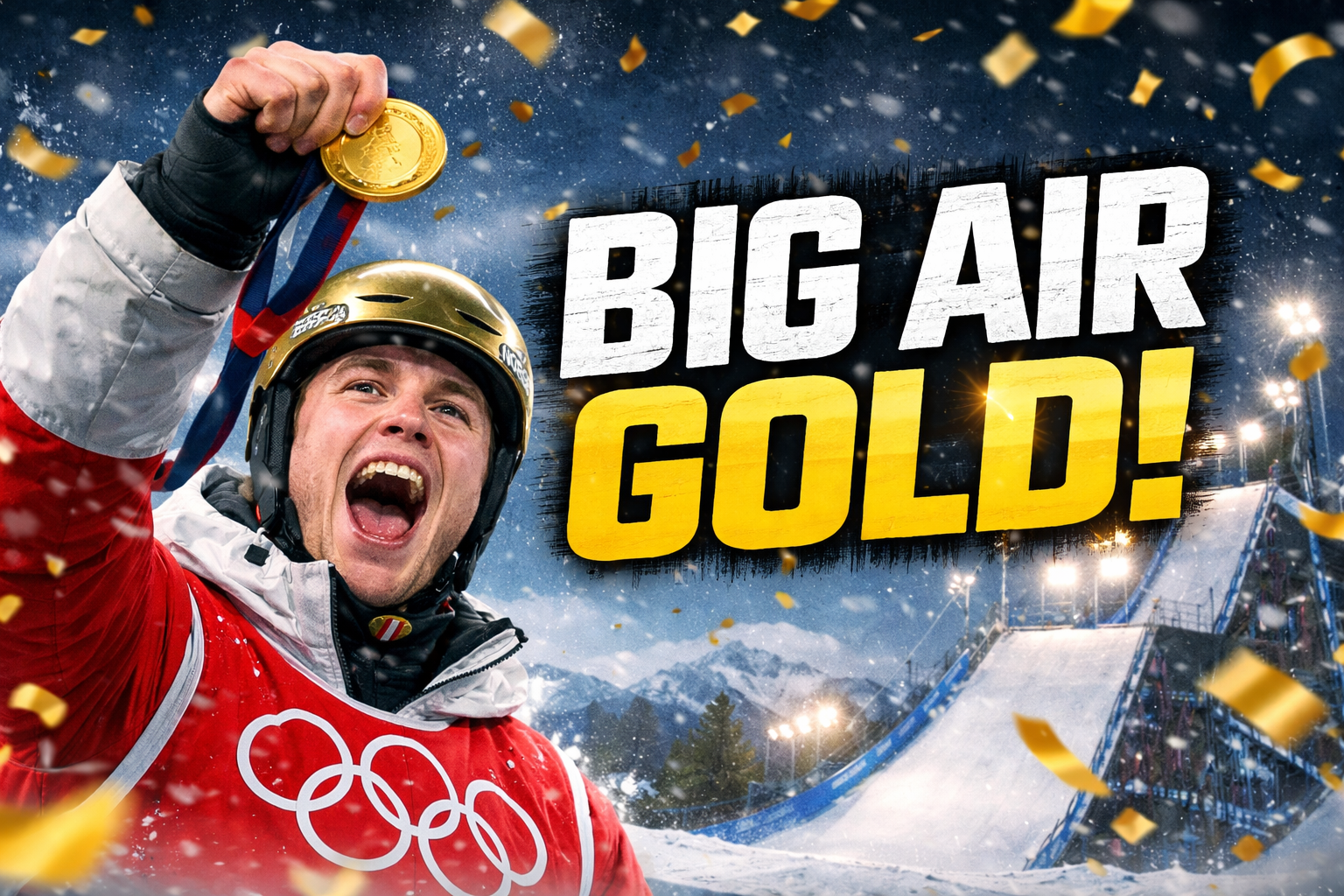 Birk Ruud celebrating gold medal win in men's freestyle skiing Big Air at 2026 Winter Olympics Livigno Snow Park