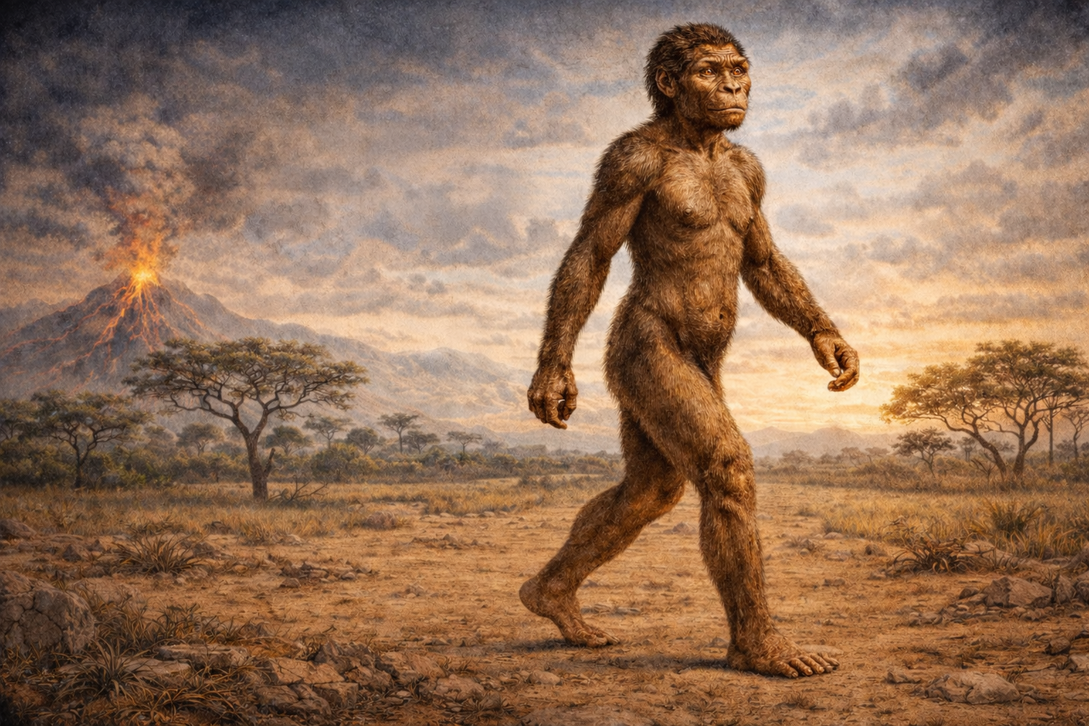 Scientific reconstruction of Australopithecus afarensis Lucy walking upright