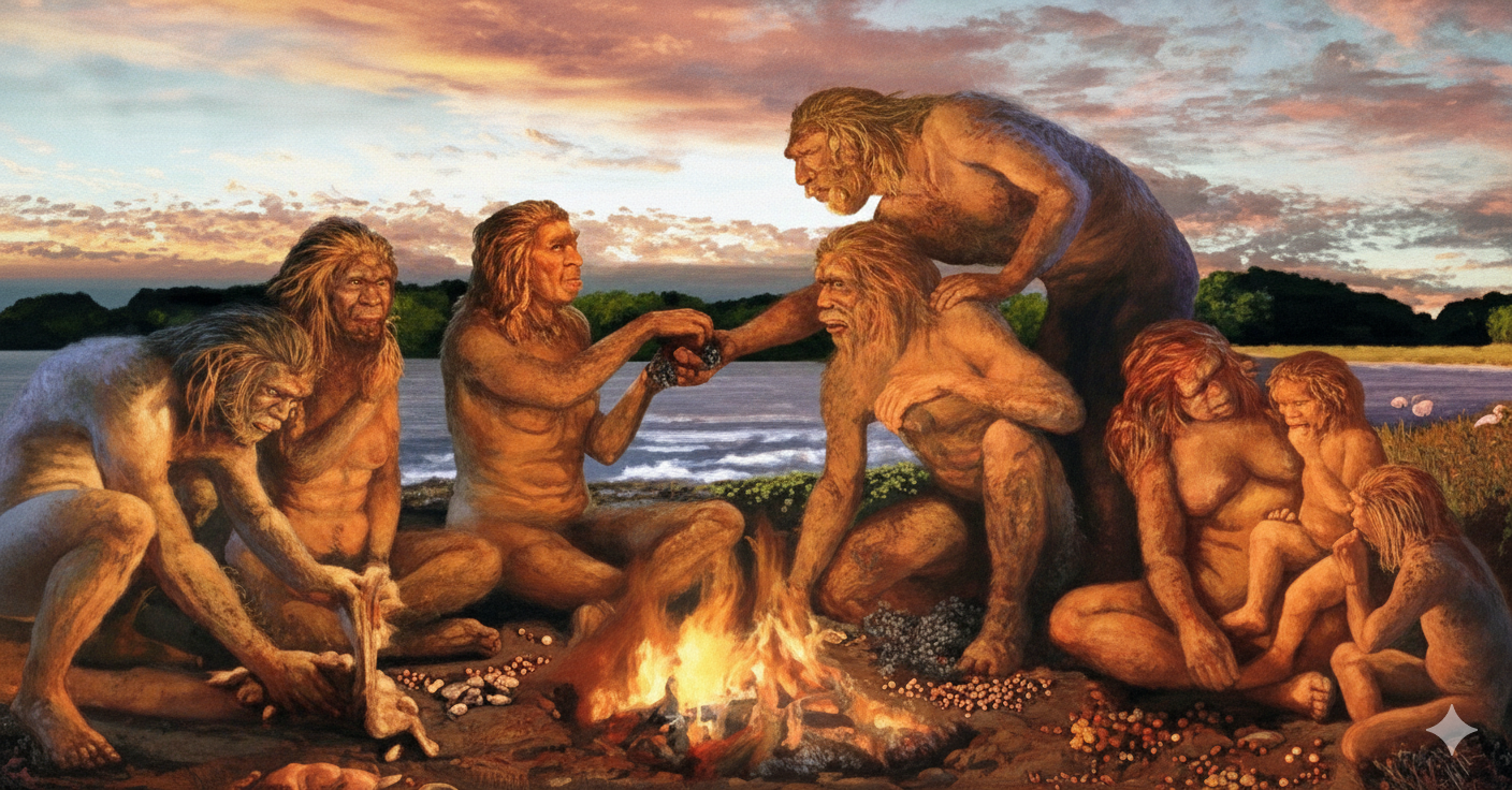 Homo erectus using fire for cooking and warmth in prehistoric camp