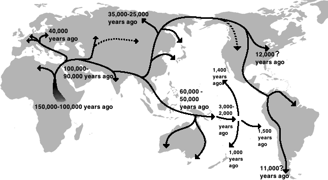 World map showing human migration routes out of Africa