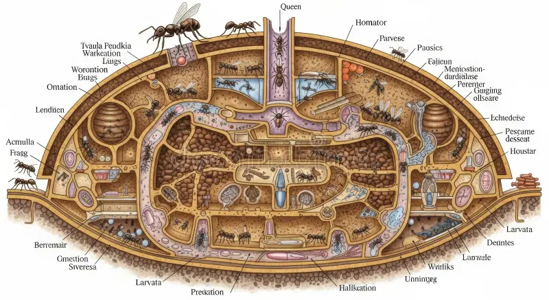 Cross-section illustration of underground ant nest showing chambers, tunnels, and ventilation systems
